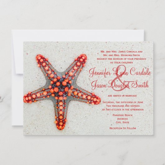 Rote Starfish-Strand-Hochzeit in Einladung (Vorderseite)