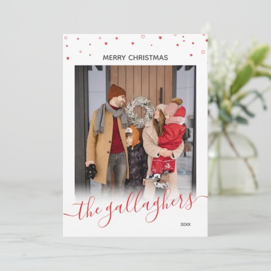 Rote Sterne Name in Script Weihnachten Foto (Stehend Vorderseite)