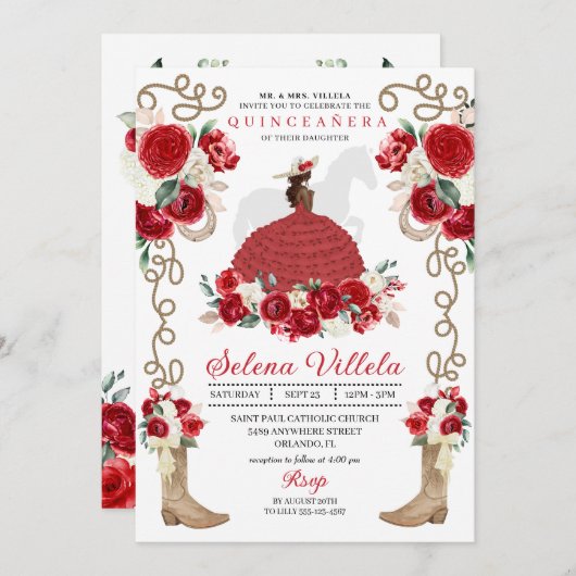 Rote Stiefel und Pferde Ranchero Quinceñera Einladung (Vorne/Hinten)