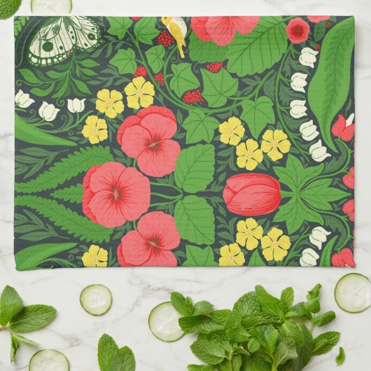 Rote Stiefmütterchen, Vögel und Schmetterlinge Geschirrtuch (Gefaltet)