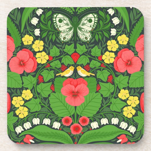 Rote Stiefmütterchen, Vögel und Schmetterlinge Getränkeuntersetzer (Vorderseite)