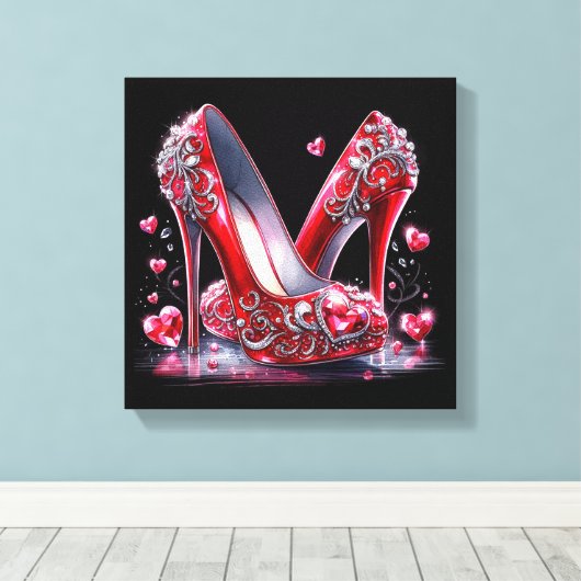 Rote Stiletto High Heels mit Herz-geformt Diamante Leinwanddruck (Insitu (Holzboden))