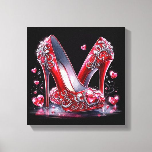 Rote Stiletto High Heels mit Herz-geformt Diamante Leinwanddruck (Vorderseite)