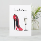 Rote Stiletto Schuhe und Champagner Einladung (Stehend Vorderseite)