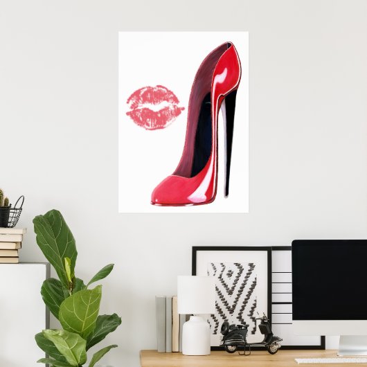 Rote Stiletto Schuhe und rote Lippen Poster (Heimbüro)