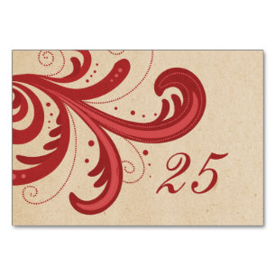 Rote stilvolle Swirls-Tischkarte Tischnummer