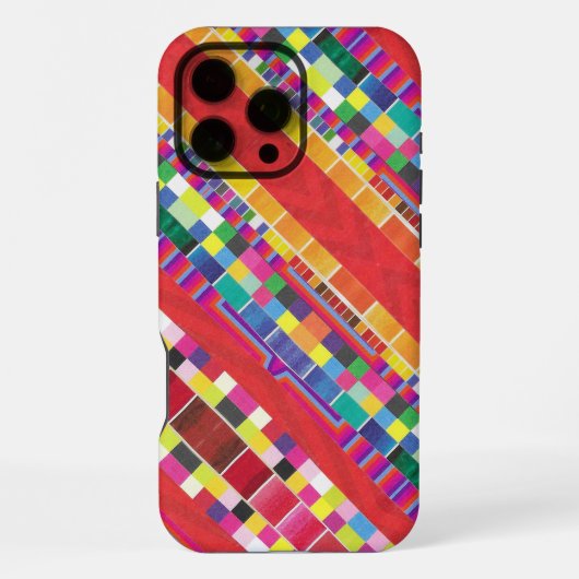 rote Stoffmuster, Streifen und farbenfrohe Pixel iPhone Hülle (Rückseite)