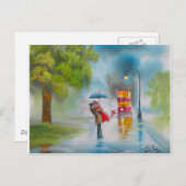 Rote Straßenbahn am Regentag romantisches Paar Sch Postkarte (Vorne/Hinten)