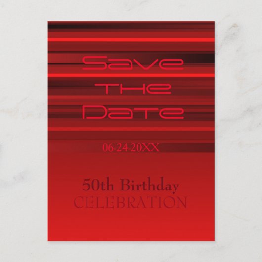 Rote Streifen 50. Geburtstag Save the Date Postkar Ankündigungspostkarte (Vorderseite)