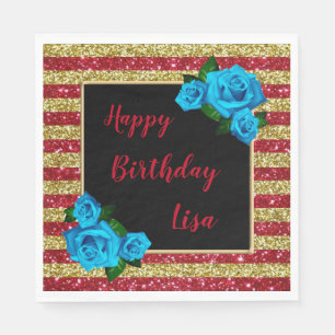 Rote Streifen Glitzer Blaue Rose Geburtstag Serviette