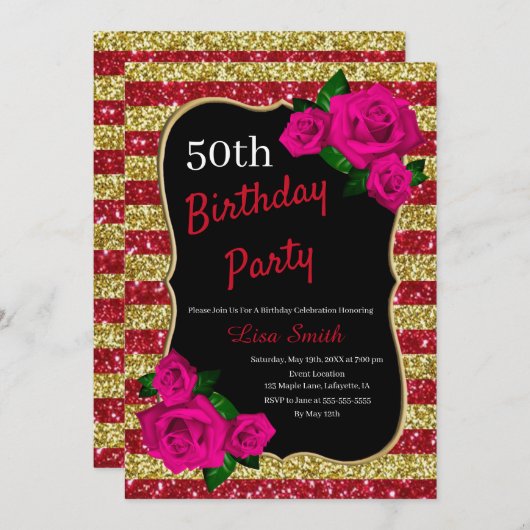 Rote Streifen Glitzer Rosa Rosen Einladung (Vorne/Hinten)