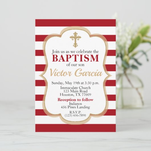 Rote Streifen Imitate Gold Glitzer Boy oder Girl B Einladung (Stehend Vorderseite)