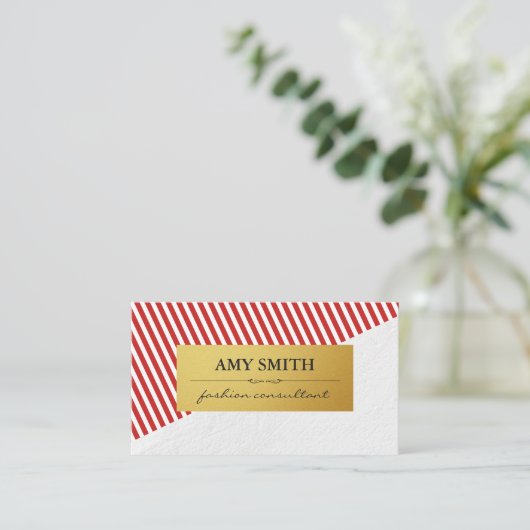 Rote Streifen Imitate Metallisches Gold Visitenkarte (Stehend Vorderseite)