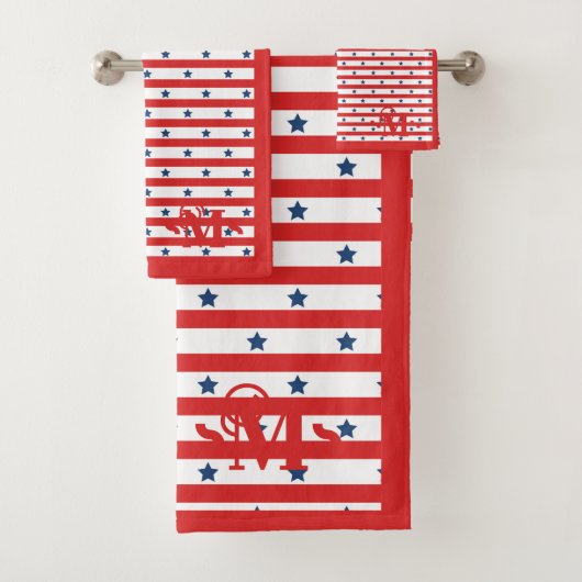 Rote Streifen mit weißem und blauem Muster Monogra Badhandtuch Set (Insitu)