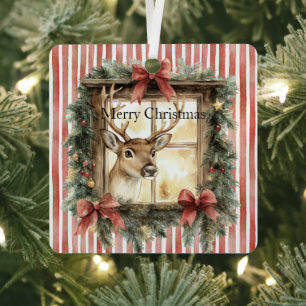 Rote Streifen Schleifen Weihnachtshirsch im Fenste Ornament Aus Metall