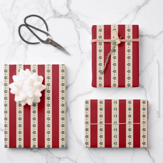 Rote Streifen und Blumen Geschenkpapier Set (Vorderseite)