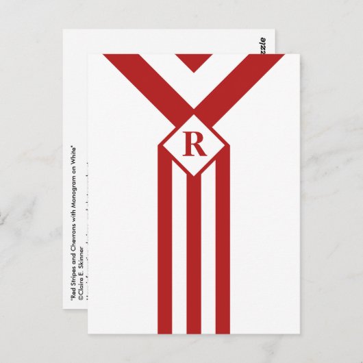 Rote Streifen und Chevronen mit Monogramm auf Weiß Postkarte (Vorne/Hinten)