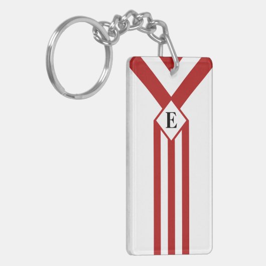 Rote Streifen und Chevronen mit Monogramm auf Weiß Schlüsselanhänger (Vorderseite links)
