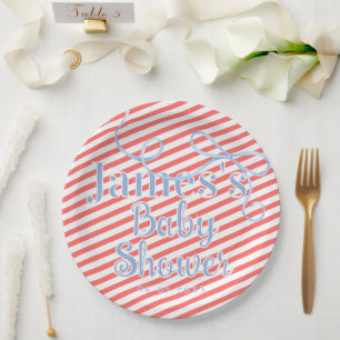 Rote Streifen und hellblaue Schleife - Babyparty Pappteller