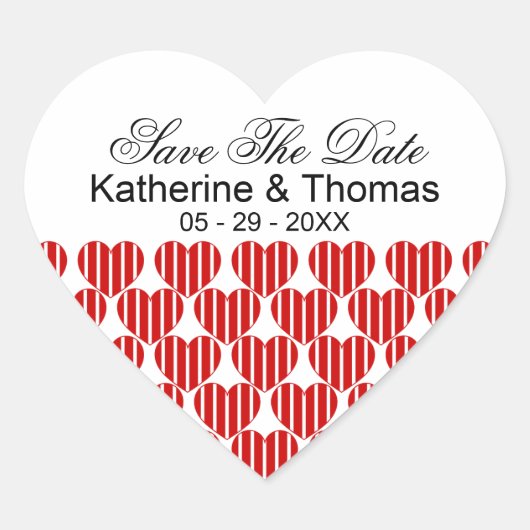 Rote Stripte Herzen Save the Date Sticker (Vorderseite)