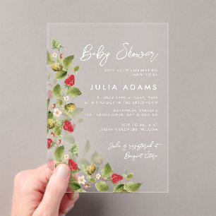 Rote süße Erdbeer-Wildblumen-Kranz-Baby-Party Acryleinladungen