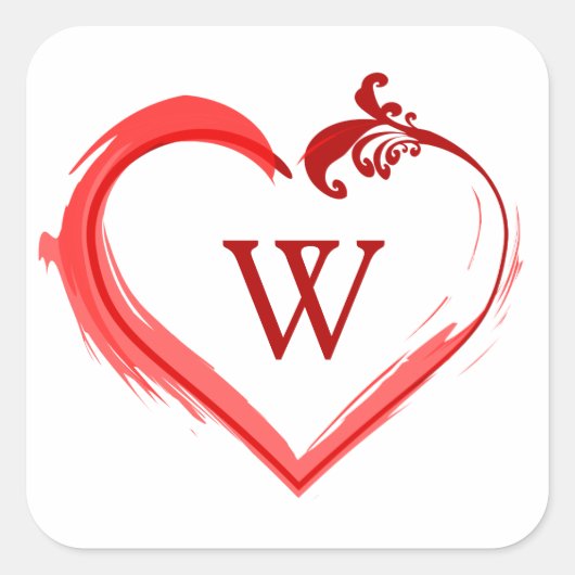 Rote Swoosh Herzkleber mit Monogram Initial Quadratischer Aufkleber (Vorderseite)