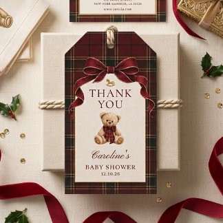 Rote Tartan-Teddybär-Baby-Shower-Geschenk-Tags  Geschenkanhänger