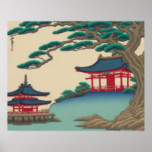 Rote Tempel und der japanische See Vintage Ukiyo-e Poster