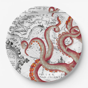 Rote Tentacles Oktopus Vintage Karte Nautischer Ch Pappteller