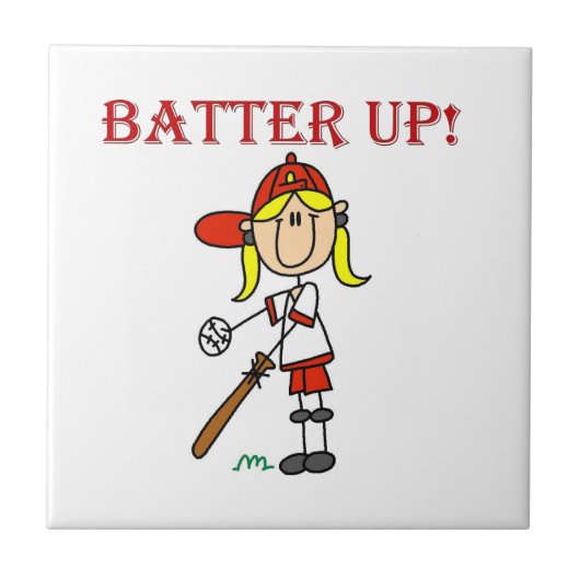 Rote Text Batter Up Mädchen Softball-Shirts und Ge Fliese (Vorderseite)