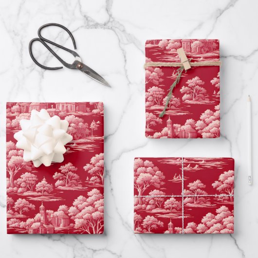 Rote Toile de Jouy Geschenkpapier Set (Vorderseite)