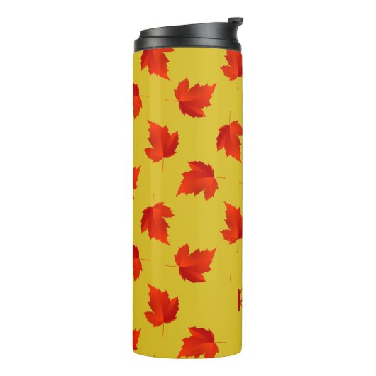 Rote trockene Blätter individuelle Name gelb Thermosbecher (Nach links gedreht)
