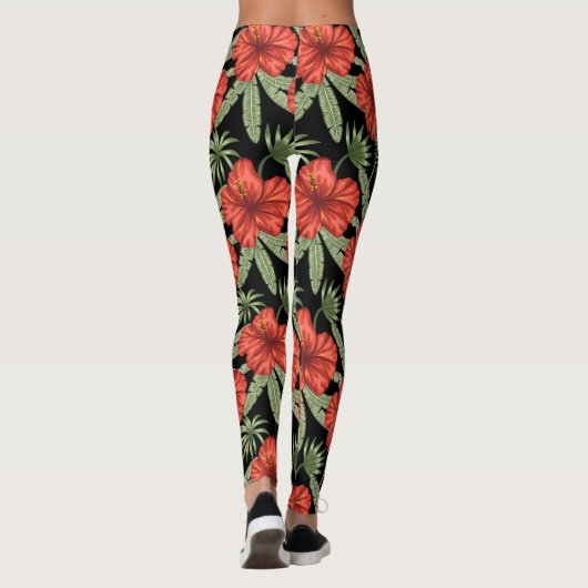 Rote tropische Blume nahtlose Muster grüne Blätter Leggings (Rückseite)