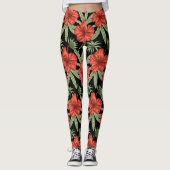 Rote tropische Blume nahtlose Muster grüne Blätter Leggings (Vorderseite)