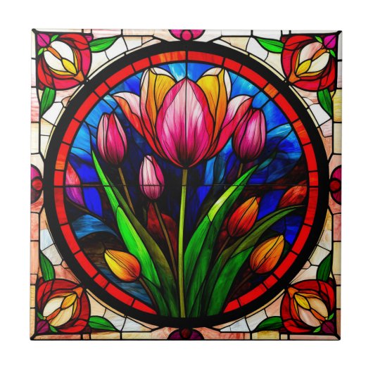 Rote Tulip und farbenfrohe Blumenmotive Fliese (Vorderseite)