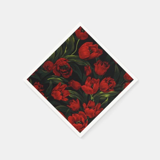 Rote Tulips auf schwarz Serviette (Ecke)