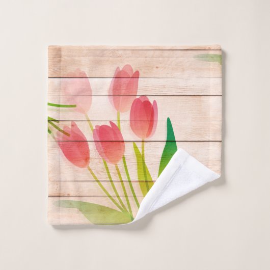Rote Tulips im Hintergrund für sauberes Holz Badhandtuch Set (Waschlappen)