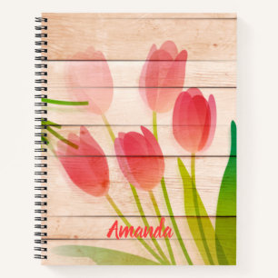 Rote Tulips im Hintergrund für sauberes Holz Notizblock