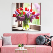 Rote Tulips und Lilacs im Fenster Leinwanddruck (Insitu (Wohnzimmer))