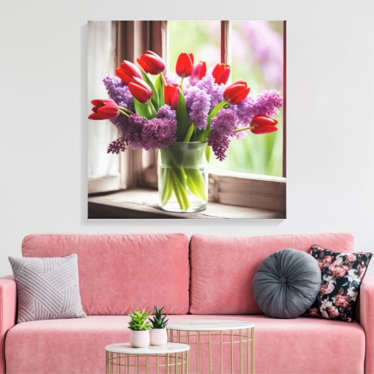 Rote Tulips und Lilacs im Fenster Leinwanddruck (Insitu (Wohnzimmer))