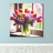 Rote Tulips und Lilacs im Fenster Leinwanddruck (Insitu (Holzboden))