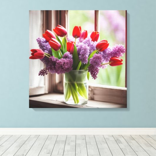 Rote Tulips und Lilacs im Fenster Leinwanddruck (Insitu (Holzboden))