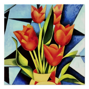 Rote Tulissen in einer roten und gelben Vase Poster