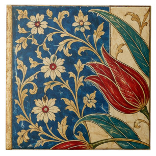 Rote Tulpe auf kobaltblauer floraler Kunst Fliese