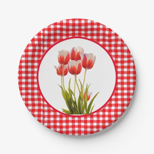 Rote Tulpe mit Gingham Pappteller (Vorderseite)