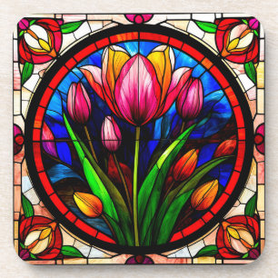Rote Tulpe und farbenfrohe Blumenelemente Getränkeuntersetzer