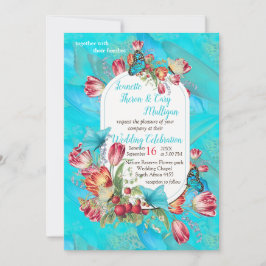 Rote Tulpen & Besuche und Schmetterlinge. Einladung