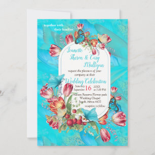 Rote Tulpen & Besuche und Schmetterlinge. Einladung