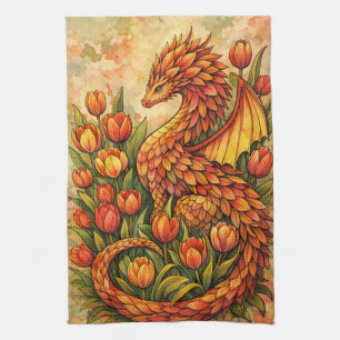 Rote Tulpen Drache Frühling Drachen                Geschirrtuch