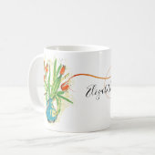 Rote Tulpen in blauer Vasen-Frühlings-mit Kaffeetasse (Vorderseite Links)